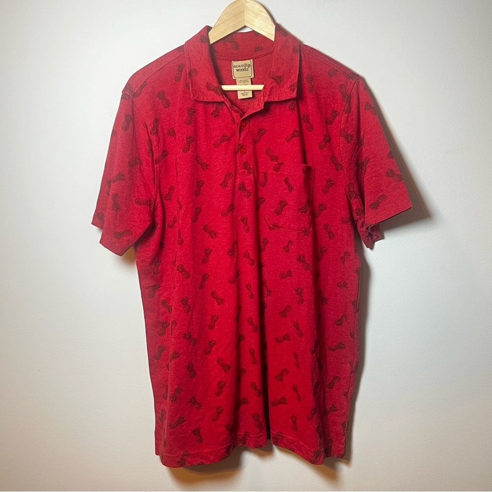 Scandia Woods Pineapple Print Polo Men’s L Red Golf Casual Vacation Shirt *READ